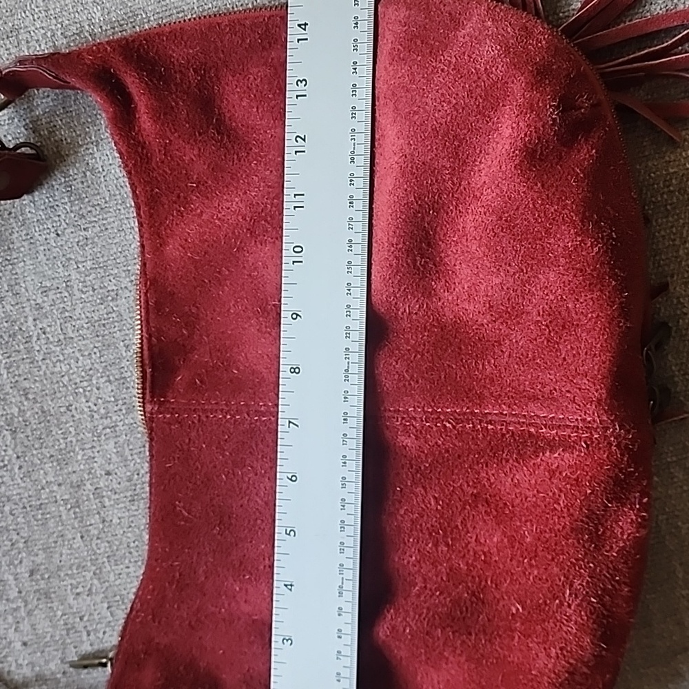 Italian Made Red Suede Leather Boho Fringe Hobo Bag | Beaded Tassels - Picture 16 of 16